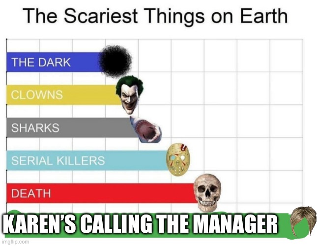 scariest things on earth | KAREN’S CALLING THE MANAGER | image tagged in scariest things on earth | made w/ Imgflip meme maker