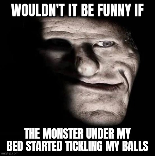 Wouldn't it be funny if x | THE MONSTER UNDER MY BED STARTED TICKLING MY BALLS | image tagged in wouldn't it be funny if x | made w/ Imgflip meme maker