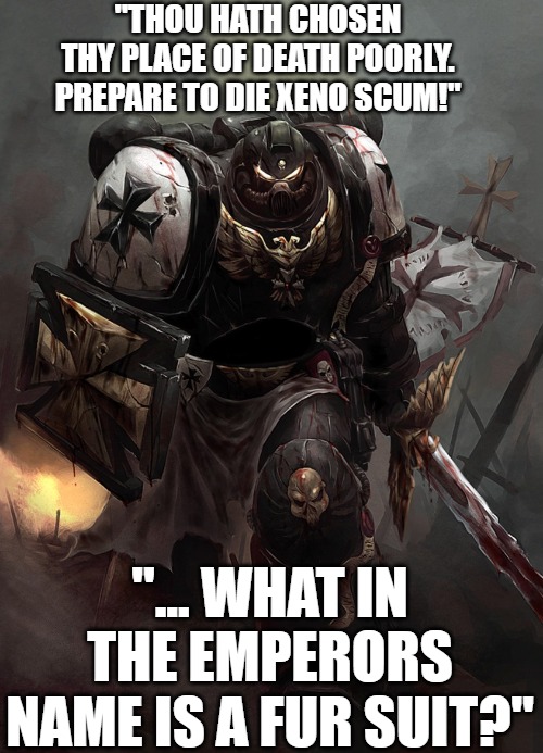 the inquisition spoke nothing of this heresy | "THOU HATH CHOSEN THY PLACE OF DEATH POORLY. PREPARE TO DIE XENO SCUM!"; "... WHAT IN THE EMPERORS NAME IS A FUR SUIT?" | image tagged in warhammer 40k black templar,warhammer40k,furry,anti furry | made w/ Imgflip meme maker