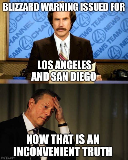 Sorry, Al! | BLIZZARD WARNING ISSUED FOR; LOS ANGELES AND SAN DIEGO; NOW THAT IS AN INCONVENIENT TRUTH | image tagged in breaking news,al gore facepalm,blizzard,los angeles,san diego | made w/ Imgflip meme maker