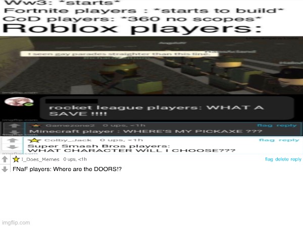 The 5th Instalment | image tagged in ww3,roblox,minecraft,ssb,fnaf | made w/ Imgflip meme maker