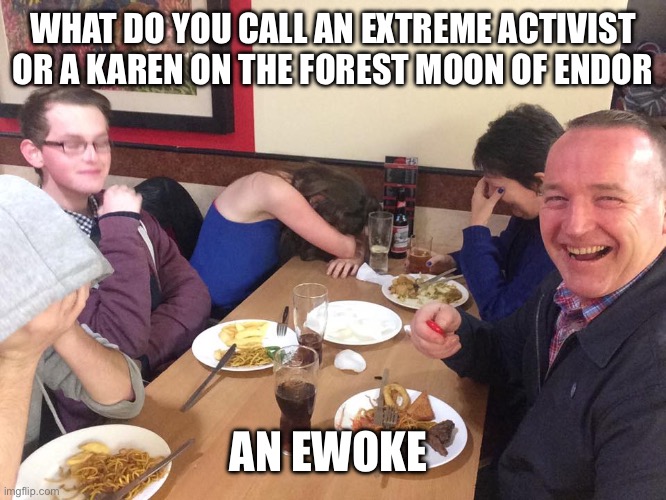 Dad Joke Meme | WHAT DO YOU CALL AN EXTREME ACTIVIST OR A KAREN ON THE FOREST MOON OF ENDOR; AN EWOKE | image tagged in dad joke meme,star wars,ewok,karen,woke | made w/ Imgflip meme maker