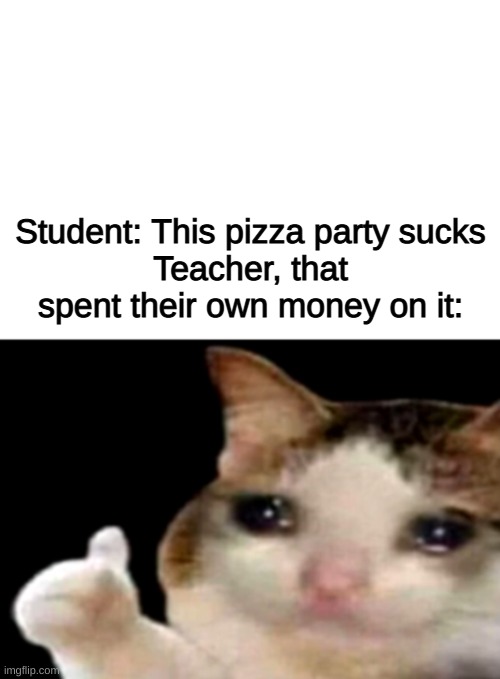 ? | Student: This pizza party sucks
Teacher, that spent their own money on it: | image tagged in sad cat thumbs up white spacing | made w/ Imgflip meme maker