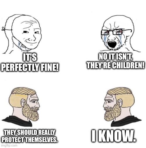 Chad we know | IT'S PERFECTLY FINE! NO IT ISN’T, THEY’RE CHILDREN! THEY SHOULD REALLY PROTECT THEMSELVES. I KNOW. | image tagged in chad we know | made w/ Imgflip meme maker