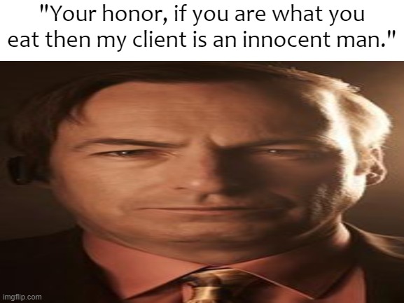 "Your honor, if you are what you eat then my client is an innocent man." | made w/ Imgflip meme maker