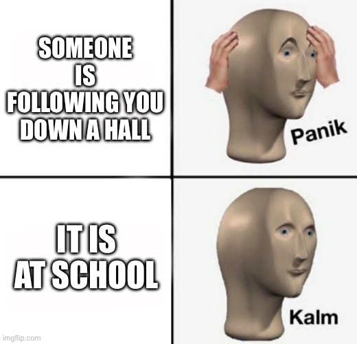 so scary | SOMEONE IS FOLLOWING YOU DOWN A HALL; IT IS AT SCHOOL | image tagged in panik kalm | made w/ Imgflip meme maker