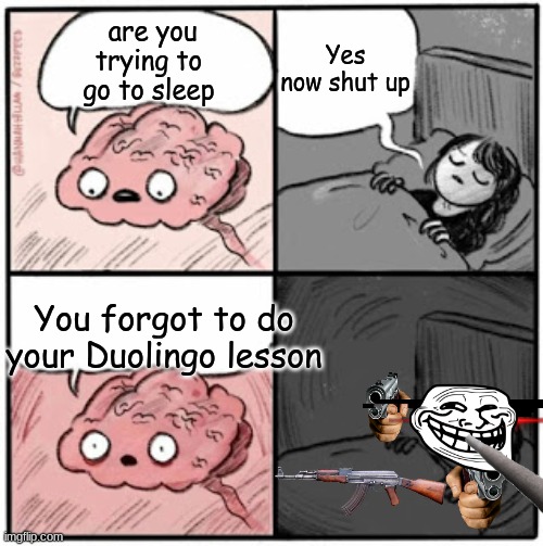 Oh POOP | Yes now shut up; are you trying to go to sleep; You forgot to do your Duolingo lesson | image tagged in brain before sleep | made w/ Imgflip meme maker