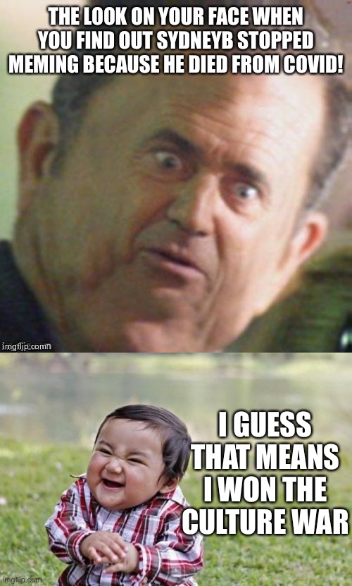 THE LOOK ON YOUR FACE WHEN YOU FIND OUT SYDNEYB STOPPED MEMING BECAUSE HE DIED FROM COVID! I GUESS THAT MEANS I WON THE CULTURE WAR | image tagged in mel gibson stunned,memes,evil toddler | made w/ Imgflip meme maker