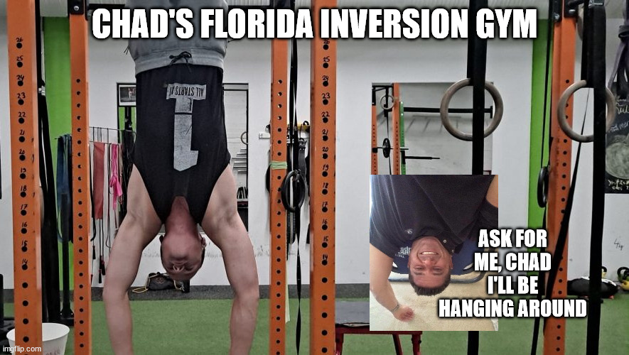 CHAD'S FLORIDA INVERSION GYM; ASK FOR ME, CHAD
I'LL BE HANGING AROUND | image tagged in hanging chad,florida elections | made w/ Imgflip meme maker