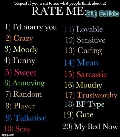RATE ME | 21) Edible | image tagged in rate me | made w/ Imgflip meme maker