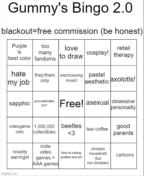 hello hello I made a new bingo! if you get a blackout i'll draw something for ya | Gummy's Bingo 2.0; blackout=free commission (be honest); love to draw; too many fandoms; retail therapy; Purple is best color; cosplay! electroswing music! hate my job; axolotls! pastel aesthetic; they/them only; asexual; sapphic; obsessive personality; procrastinates 24/7; videogame osts; 1,000,000 collectibles; good parents; tea>coffee; beetles <3; indie video games > AAA games; christian household (but not christian); cartoons; novelty earrings! floor-to-ceiling posters and art | image tagged in blank bingo | made w/ Imgflip meme maker