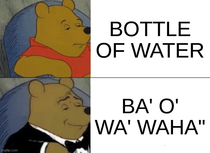 brittish | BOTTLE OF WATER; BA' O' WA' WAHA" | image tagged in memes,tuxedo winnie the pooh | made w/ Imgflip meme maker