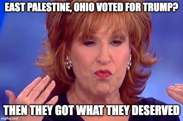 Petty, angry, disgusting hag | EAST PALESTINE, OHIO VOTED FOR TRUMP? THEN THEY GOT WHAT THEY DESERVED | image tagged in joy behar | made w/ Imgflip meme maker