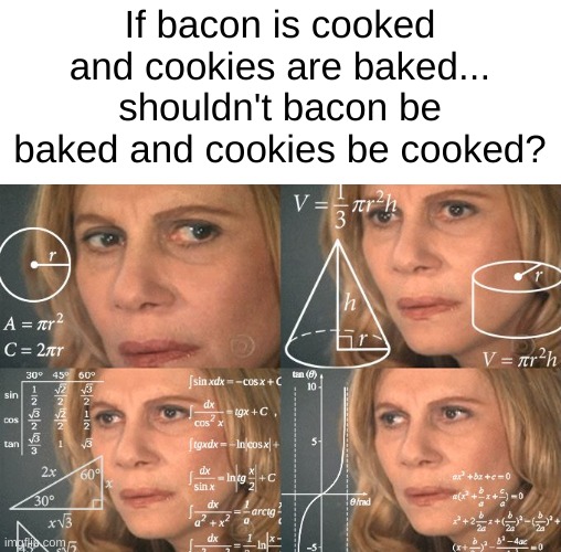 Guys... I'm scared | If bacon is cooked and cookies are baked... shouldn't bacon be baked and cookies be cooked? | image tagged in calculating meme | made w/ Imgflip meme maker