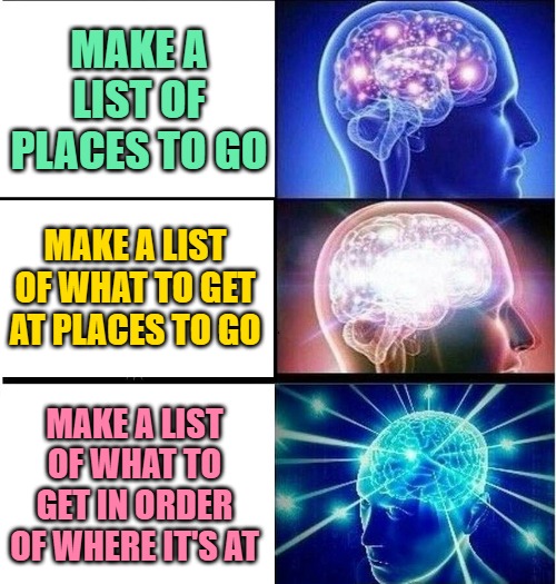 Adults Making Lists: Expert Level | MAKE A LIST OF PLACES TO GO; MAKE A LIST OF WHAT TO GET AT PLACES TO GO; MAKE A LIST OF WHAT TO GET IN ORDER OF WHERE IT'S AT | image tagged in expanding brain 3 panels,adult swim,adult humor,making lists,memes,lol | made w/ Imgflip meme maker