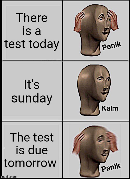 True ??? | There is a test today; It's sunday; The test is due tomorrow | image tagged in memes,panik kalm panik | made w/ Imgflip meme maker