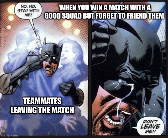 sub to me on youtube the channel is MightyCharles12 or twitch same account | WHEN YOU WIN A MATCH WITH A GOOD SQUAD BUT FORGET TO FRIEND THEM; TEAMMATES LEAVING THE MATCH | image tagged in batman crying | made w/ Imgflip meme maker