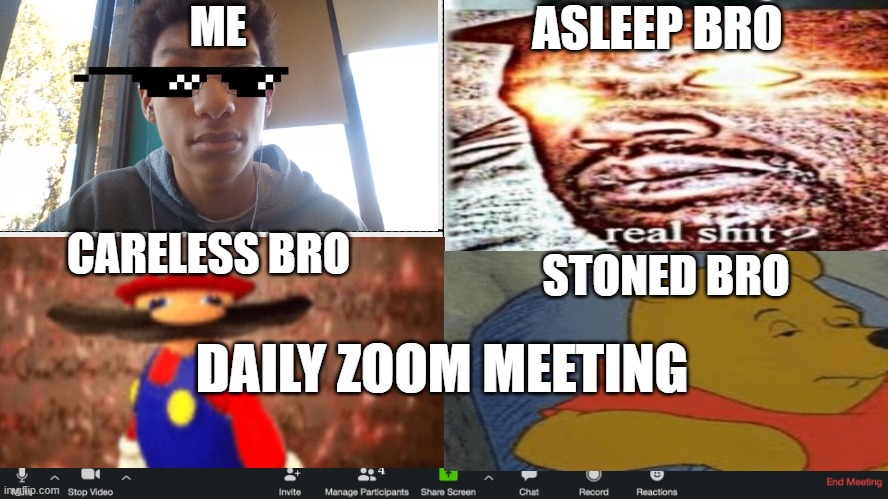 Daily Zoom Meeting | ASLEEP BRO; ME; CARELESS BRO; STONED BRO; DAILY ZOOM MEETING | image tagged in zoom,funny,so true,meme | made w/ Imgflip meme maker