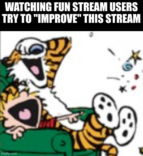 Calvin and Hobbes laugh | WATCHING FUN STREAM USERS TRY TO "IMPROVE" THIS STREAM | image tagged in calvin and hobbes laugh | made w/ Imgflip meme maker