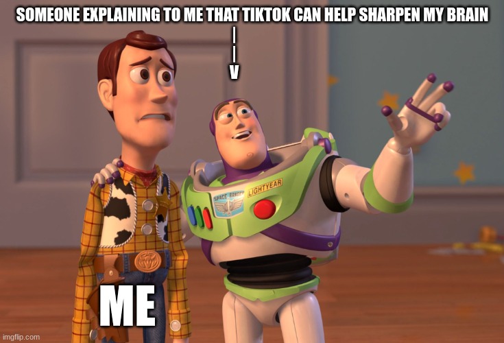 ImgFlip is better | SOMEONE EXPLAINING TO ME THAT TIKTOK CAN HELP SHARPEN MY BRAIN
|            
|            
V; ME | image tagged in memes,x x everywhere | made w/ Imgflip meme maker