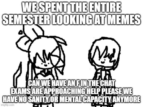 We need emotional and mental support help | WE SPENT THE ENTIRE SEMESTER LOOKING AT MEMES; CAN WE HAVE AN F IN THE CHAT EXAMS ARE APPROACHING HELP PLEASE WE HAVE NO SANITY OR MENTAL CAPACITY ANYMORE | image tagged in aaaaaaaaaaaaaaaaaagggh | made w/ Imgflip meme maker