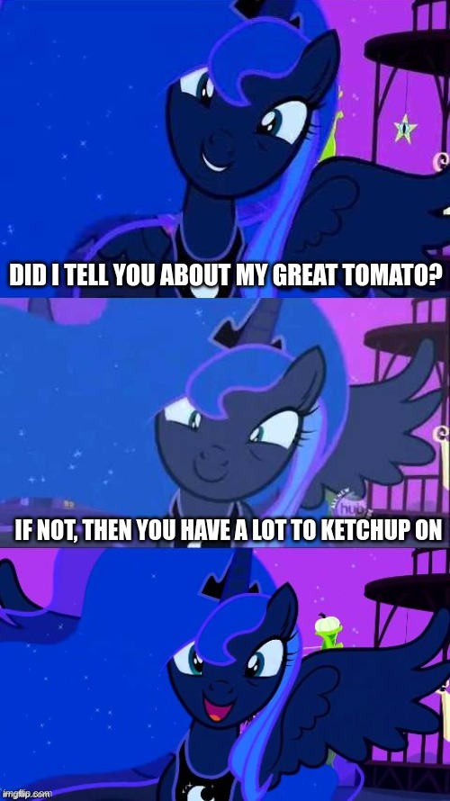 DID I TELL YOU ABOUT MY GREAT TOMATO? IF NOT, THEN YOU HAVE A LOT TO KETCHUP ON | image tagged in bad pun luna,mlp,funny,fun | made w/ Imgflip meme maker