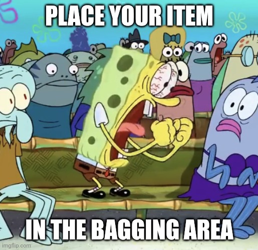 Spongebob Yelling | PLACE YOUR ITEM IN THE BAGGING AREA | image tagged in spongebob yelling | made w/ Imgflip meme maker