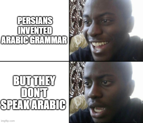 persians and arabic grammar | PERSIANS INVENTED ARABIC GRAMMAR; BUT THEY DON'T SPEAK ARABIC | image tagged in happy / shock,iran,persians,arabic grammar,persian,funny memes | made w/ Imgflip meme maker