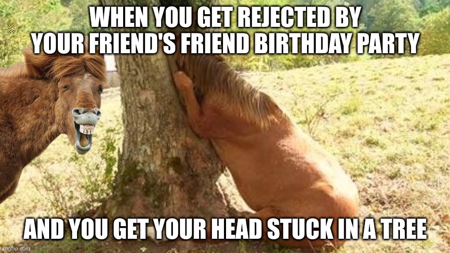 RRREJECTED | WHEN YOU GET REJECTED BY YOUR FRIEND'S FRIEND BIRTHDAY PARTY; AND YOU GET YOUR HEAD STUCK IN A TREE | image tagged in sorry not sorry | made w/ Imgflip meme maker