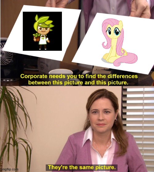 they both love nature and they're so flipping adorable! | image tagged in memes,they're the same picture,my little pony,cookie run kingdom,herb cookie,fluttershy | made w/ Imgflip meme maker