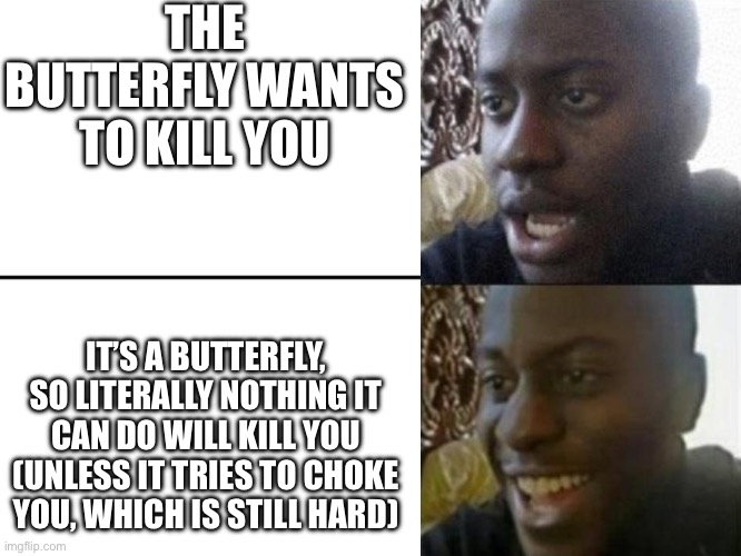 Reversed Disappointed Black Man | THE BUTTERFLY WANTS TO KILL YOU IT’S A BUTTERFLY, SO LITERALLY NOTHING IT CAN DO WILL KILL YOU (UNLESS IT TRIES TO CHOKE YOU, WHICH IS STILL | image tagged in reversed disappointed black man | made w/ Imgflip meme maker
