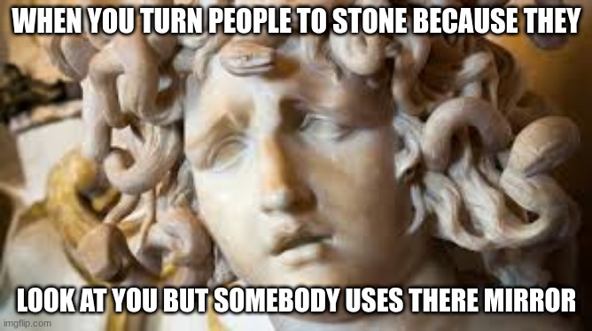 Medusa | WHEN YOU TURN PEOPLE TO STONE BECAUSE THEY; LOOK AT YOU BUT SOMEBODY USES THERE MIRROR | image tagged in greek mythology | made w/ Imgflip meme maker