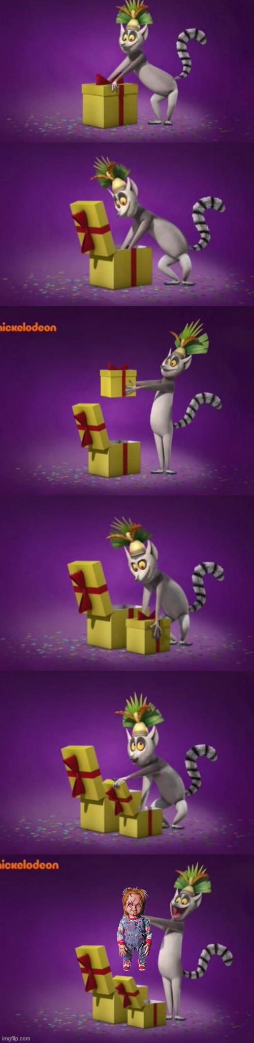 don't open the box king julien | image tagged in king julian unboxing present in his mind,chucky | made w/ Imgflip meme maker