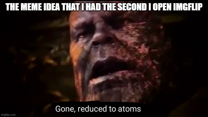 Thanos gone, reduced to atoms | THE MEME IDEA THAT I HAD THE SECOND I OPEN IMGFLIP | image tagged in thanos gone reduced to atoms | made w/ Imgflip meme maker
