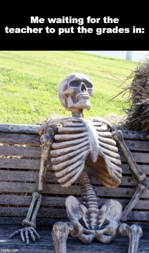 Bro it takes like 1 month | Me waiting for the teacher to put the grades in: | image tagged in memes,waiting skeleton | made w/ Imgflip meme maker