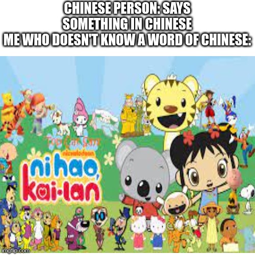 Don't mind me just stealing the meme above me | CHINESE PERSON: SAYS SOMETHING IN CHINESE
ME WHO DOESN'T KNOW A WORD OF CHINESE: | image tagged in ni hao kai-lan,dank memes | made w/ Imgflip meme maker