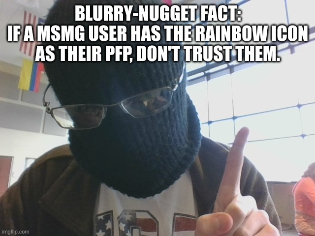 new/fun stream user | BLURRY-NUGGET FACT:
IF A MSMG USER HAS THE RAINBOW ICON AS THEIR PFP, DON'T TRUST THEM. | image tagged in blurry-nugget post above | made w/ Imgflip meme maker