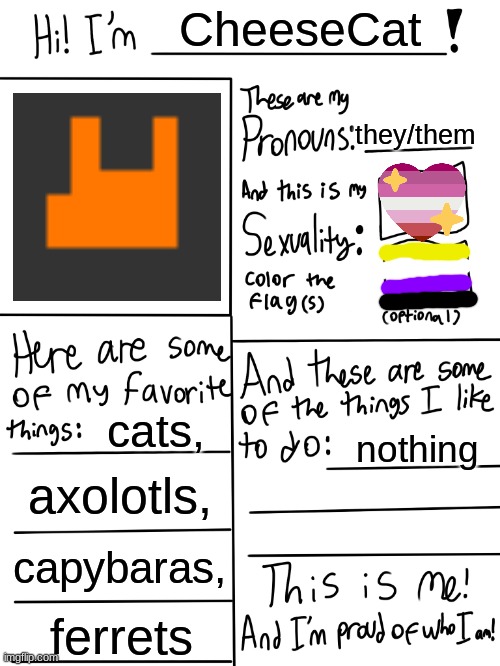 i have a profile now | CheeseCat; they/them; cats, nothing; axolotls, capybaras, ferrets | image tagged in lgbtq stream account profile,lgbtq,lgbt | made w/ Imgflip meme maker