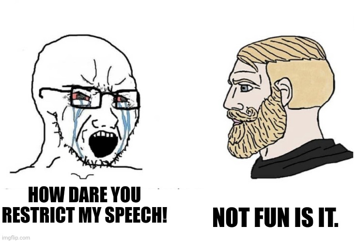 When I hear the left complain about being censored "unnecessarily" | HOW DARE YOU RESTRICT MY SPEECH! NOT FUN IS IT. | image tagged in soyboy vs yes chad,cry baby,liberal hypocrisy,idiots,censorship | made w/ Imgflip meme maker