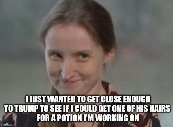 Is there a picture in existence of this person not making clown faces? | I JUST WANTED TO GET CLOSE ENOUGH TO TRUMP TO SEE IF I COULD GET ONE OF HIS HAIRS 
FOR A POTION I'M WORKING ON | made w/ Imgflip meme maker
