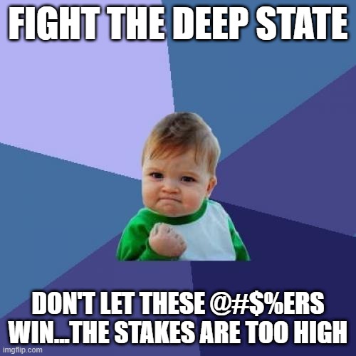 Success Kid Meme | FIGHT THE DEEP STATE; DON'T LET THESE @#$%ERS WIN...THE STAKES ARE TOO HIGH | image tagged in memes,success kid | made w/ Imgflip meme maker