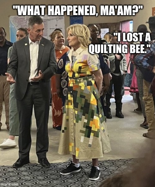 quilting bee | "WHAT HAPPENED, MA'AM?"; "I LOST A QUILTING BEE." | image tagged in the dress | made w/ Imgflip meme maker