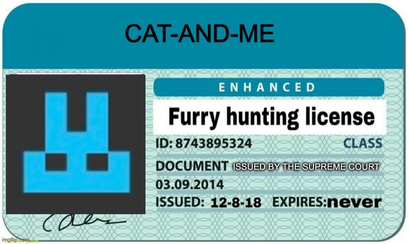 For Cat-And-Me | image tagged in furry hunting license | made w/ Imgflip meme maker