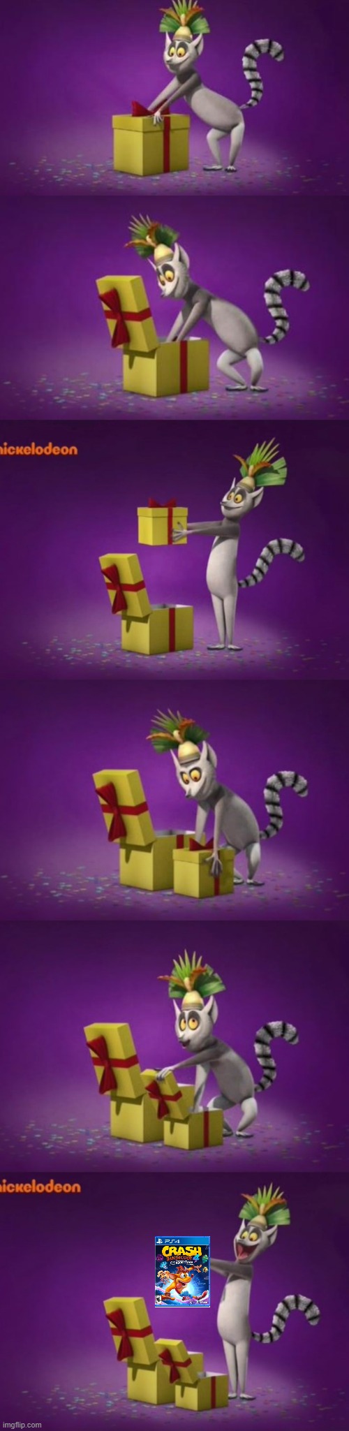 king julien unboxing crash bandicoot 4 | image tagged in king julian unboxing present in his mind,crash bandicoot,playstation,activision | made w/ Imgflip meme maker