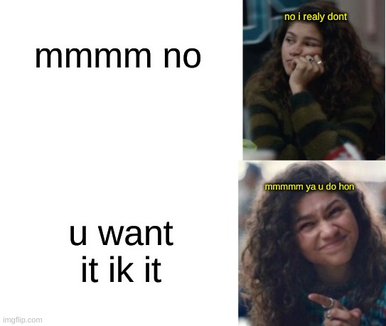 Zendaya Drake meme | no i realy dont; mmmm no; mmmmm ya u do hon; u want it ik it | image tagged in zendaya drake meme | made w/ Imgflip meme maker