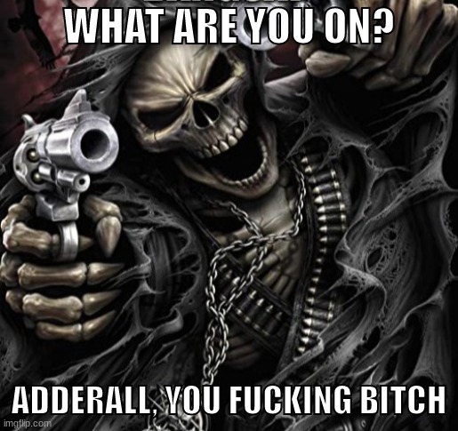 yes | WHAT ARE YOU ON? ADDERALL, YOU FUCKING BITCH | image tagged in hardcore skeleton | made w/ Imgflip meme maker