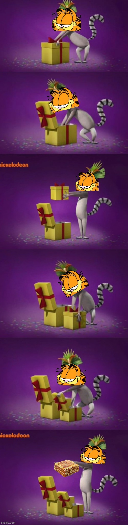 garfield when he opens a box of lasagna | image tagged in king julian unboxing present in his mind,garfield | made w/ Imgflip meme maker