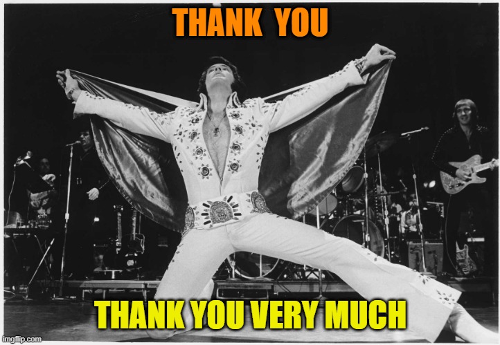 Elvis  | THANK  YOU THANK YOU VERY MUCH | image tagged in elvis | made w/ Imgflip meme maker