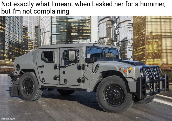 Hmmm | Not exactly what I meant when I asked her for a hummer,
but I'm not complaining | image tagged in memes,fun | made w/ Imgflip meme maker