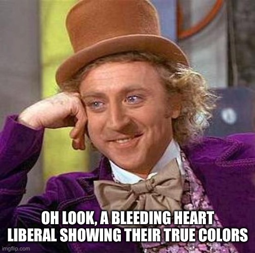 Creepy Condescending Wonka Meme | OH LOOK, A BLEEDING HEART LIBERAL SHOWING THEIR TRUE COLORS | image tagged in memes,creepy condescending wonka | made w/ Imgflip meme maker